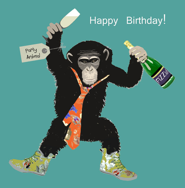 A partying chimpanzee holding a champagne glass and a champagne bottle.