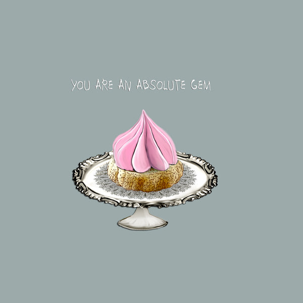 A big pink iced gem biscuit in a cake stand.