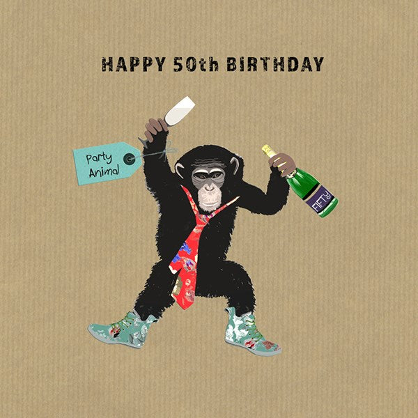 A partying chimpanzee holding a champagne glass and bottle of champagne. 