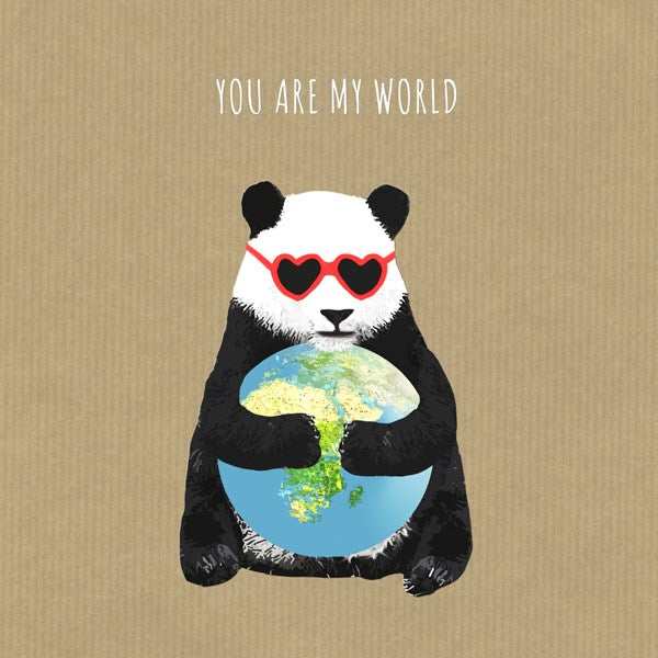 A giant panda wearing red heart shaped glasses, hugging a world globe.