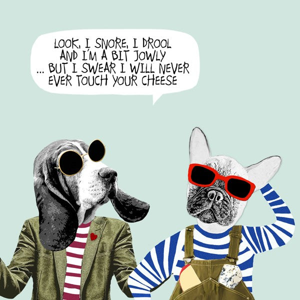 A Beagle dog wearing sunglasses and a blazer with a French Bulldog wearing sunglasses and dungarees with 2 pieces of cheese in pockets.