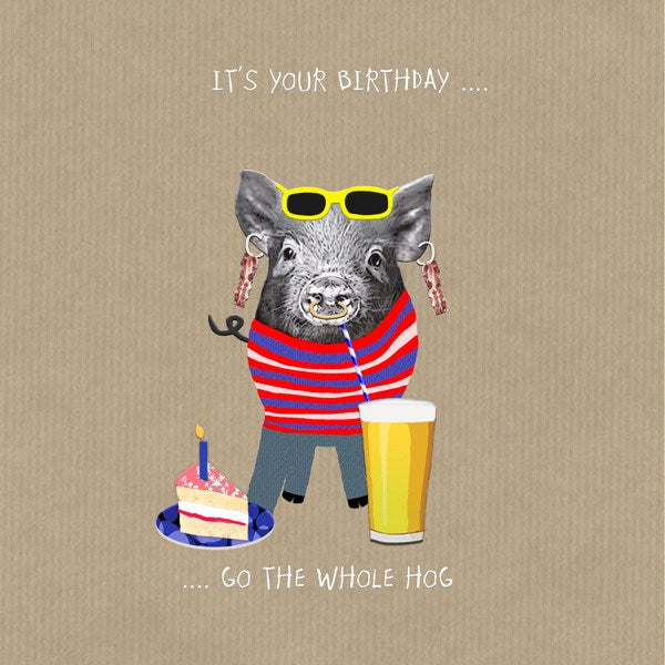 A pig wearing bacon rasher ear rings, drinking a pint of beer with a slice of birthday cake.
