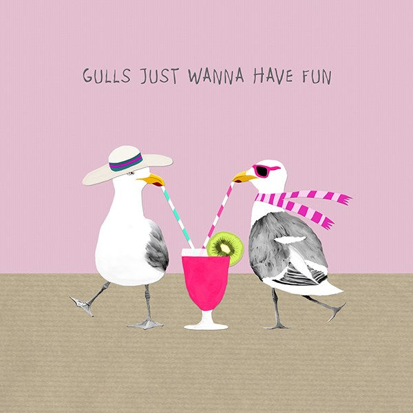 Two seagulls drinking a colouful cocktail.