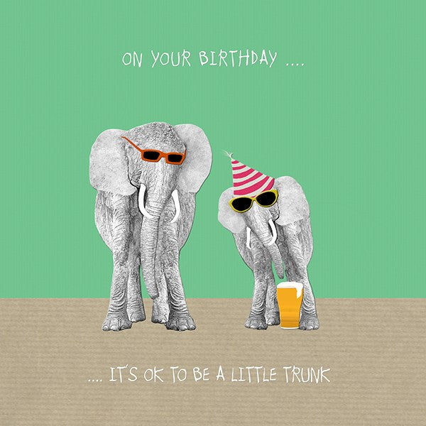 An adult elephant with a younger elephant wearing a party hat, drinking a pint of beer. 