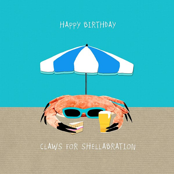 Crab wearing sunglasses under a parasol, holding a pint of beer and slice of cake.