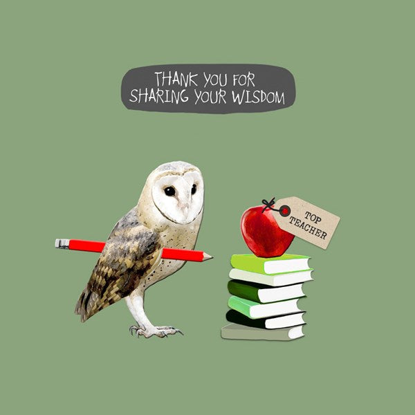 Owl holding a pencil next to an apple on top of a pile of books.