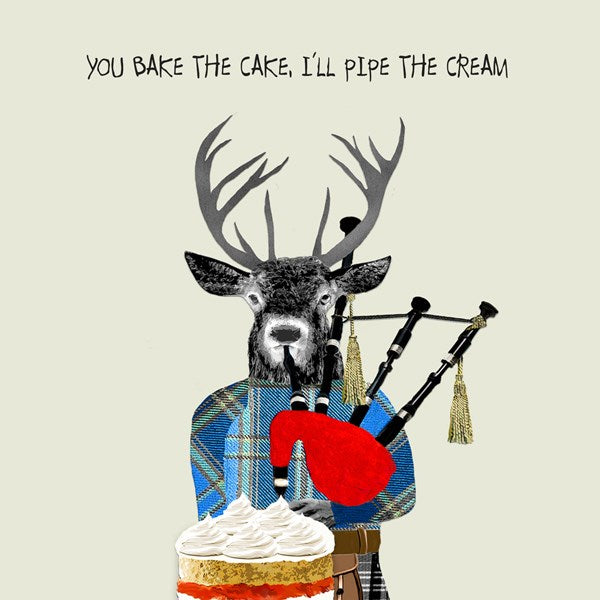 Stag dressed in tartan and a kilt with bagpipes and a Birthday cake.