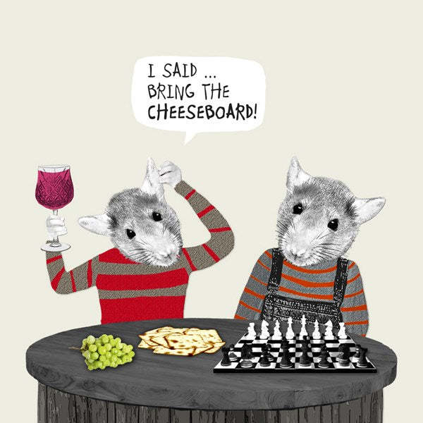 2 mice. One holding a glass of red wine with grapes and crackers. The second mouse with a chess board.
