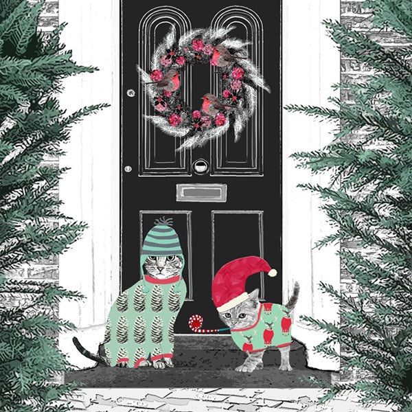 Cats at Front Door Christmas Card