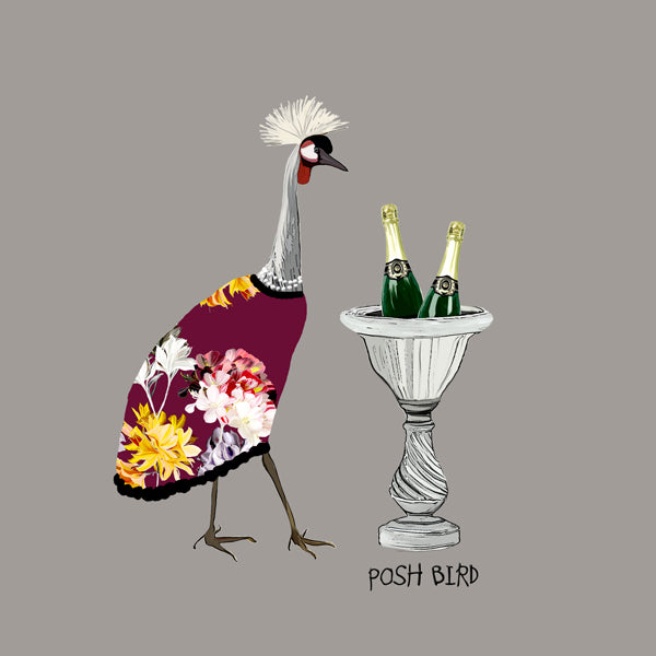 Female peacock wearing a colouful dress and pearls with champagne bottles in a garden urn planter.