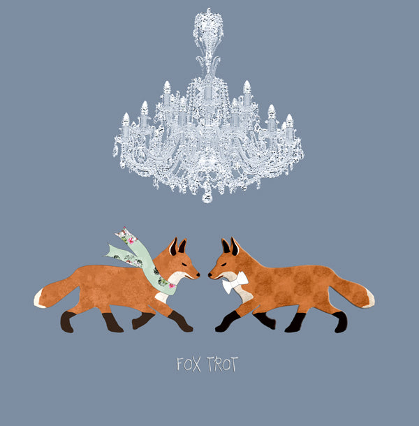 Two foxes dancing the fox trot under a giant chandelier.