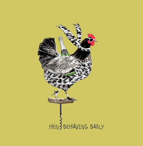 A hen wearing sunglasses, standing on a corkscrew, holding a bottle of champagne.