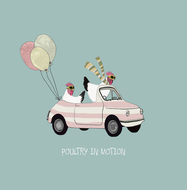 Two chickens in an open top car with balloons.