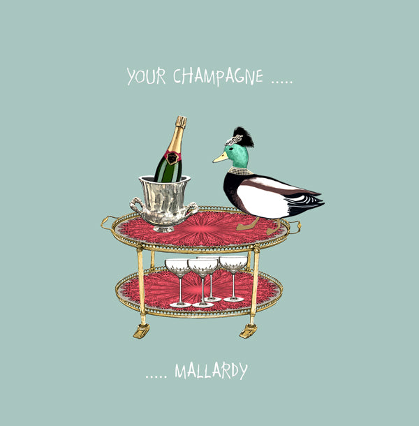A duck standing on a drinks trolley with a bottle of champagne and champagne glasses.
