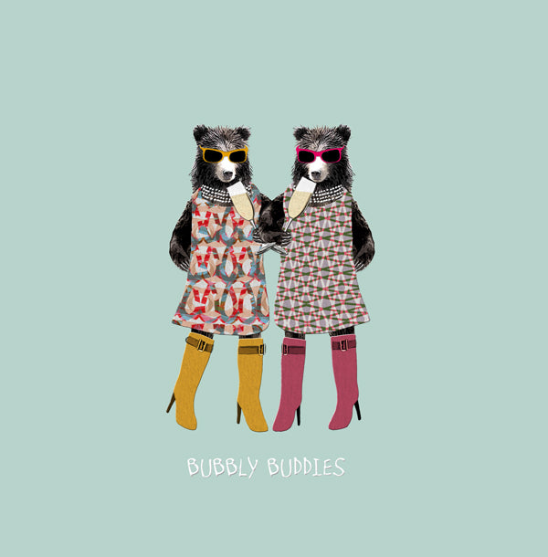 Two bears dressed in dresses and boots each drinking a glass of champagne.