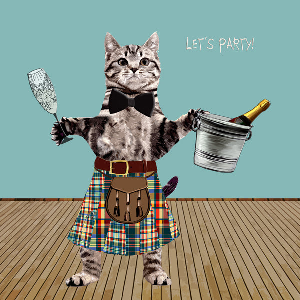 Cat wearing a kilt and sporran holding an ice bucket with champagne bottle and champagne glass.