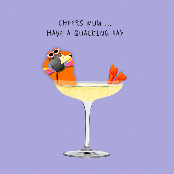 Duck wearing goggles and flippers, relaxing in a giant glass of champagne.
