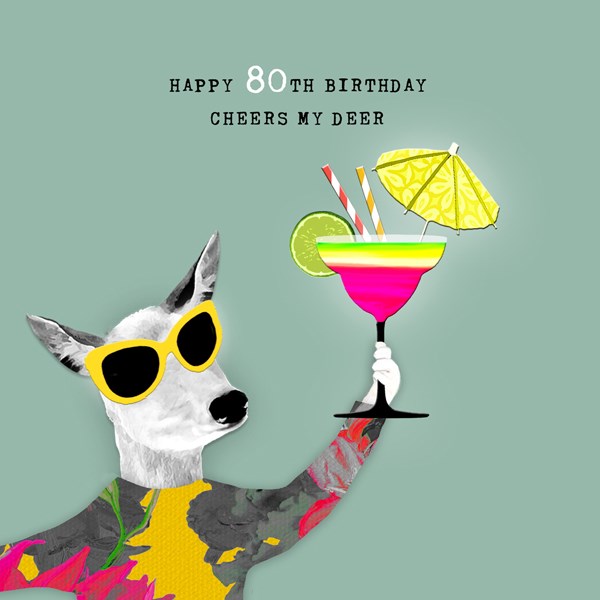 A Deer wearing sunglasses, holding a colourful cocktail with umbrella.