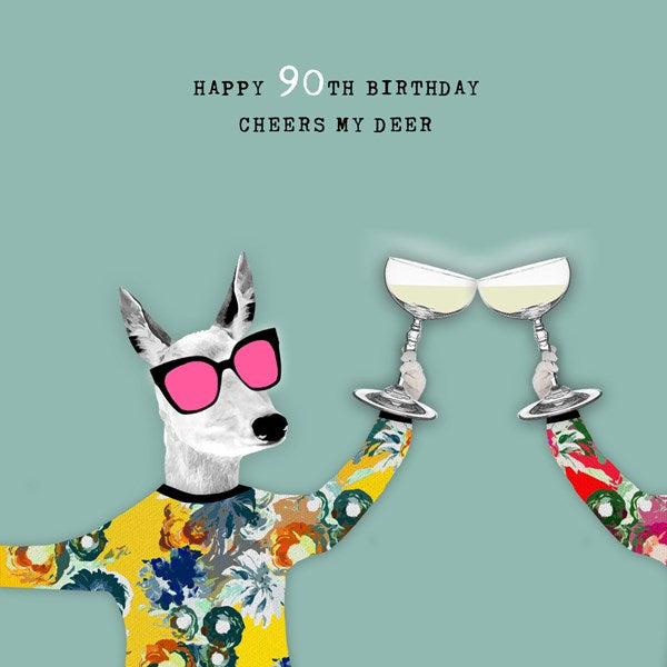 A deer wearing sunglasses, holding up a glass of champagne.