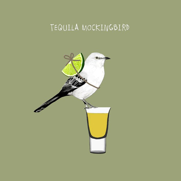 A mocking bird sat on the edge of a shot glass with a slice of lime strapped to its back.