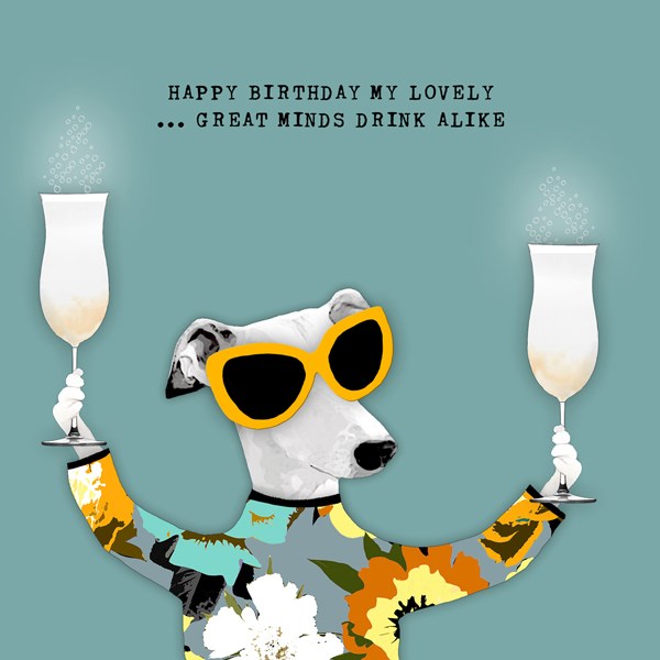 Dog wearing sunglasses holding a cocktail in each hand.