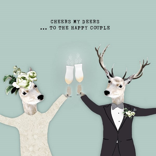 Deer bride and groom toasting with champagne.
