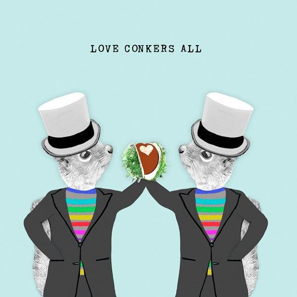 Two squirrel grooms in top hats and tails. Holding a holding a conker with a heart shaped.