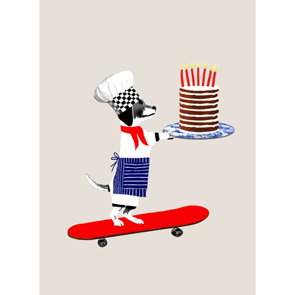 Dog with Cake on Skateboard Card