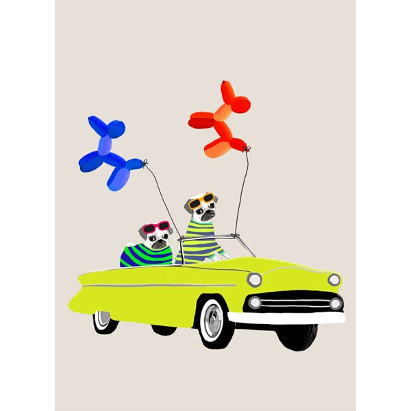 Pugs in car with balloon animals card
