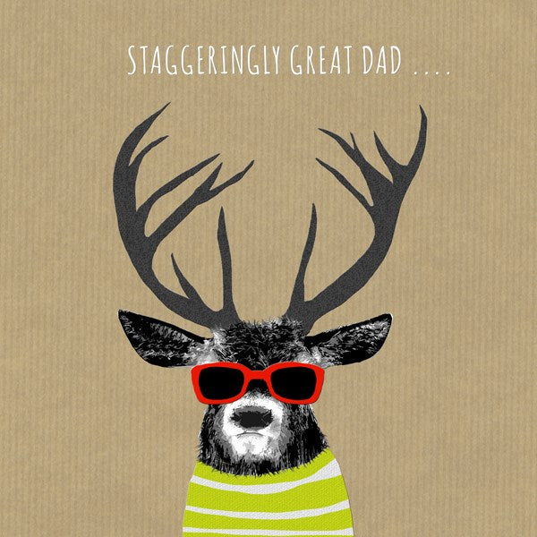Stag wearing a colourful jumper and sunglasses.