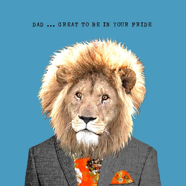 Lion wearing a blazer and handkerchief.