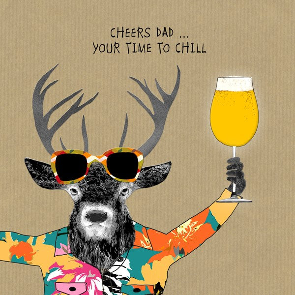 Stag wearing a colourful shirt and sunglasses, holding a beer.