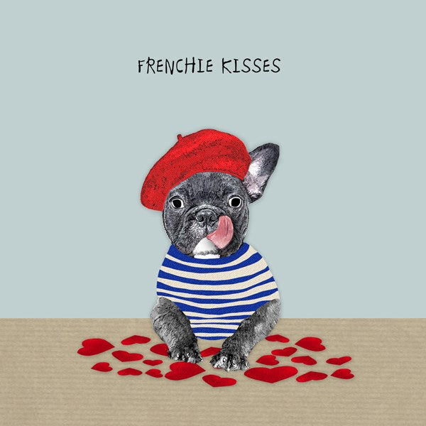 French bulldog wearing a red beret and a striped top. Red hearts on the ground.