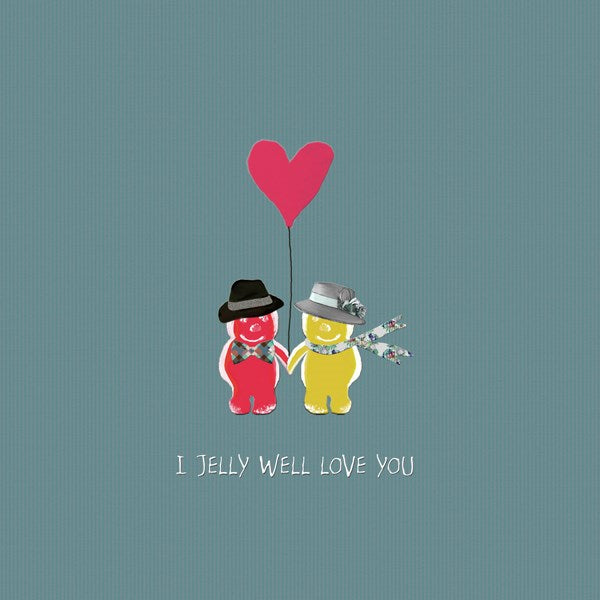 A boy jelly baby and girl jelly baby holding hands and a heart shaped balloon.