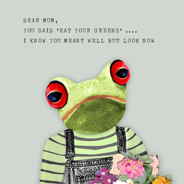 Frog wearing a sriped top and dungarees holding a bunch of flowers.