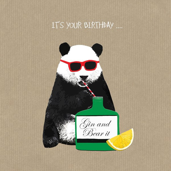 A giant Panda wearing red sunglasses drinking  from a gin bottle.