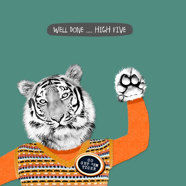 Tiger wearing a colourful jumper giving a high five paw. Wearing a go get them badge.